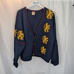 Handmade Wool Navy Cardigan with Yellow Lion Accents Size L In VGUC